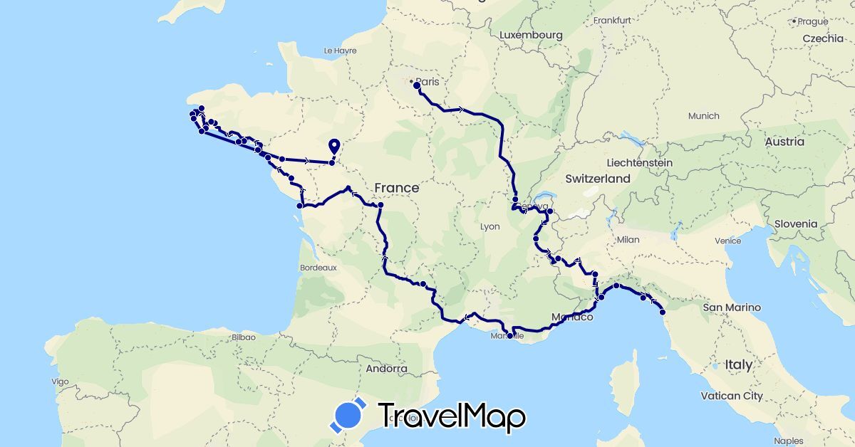 TravelMap itinerary: driving, baboub in France, Italy (Europe)