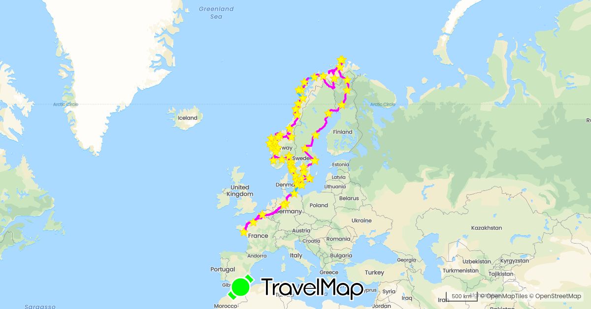 TravelMap itinerary: driving, plane, hiking, boat, baboub, métro in Belgium, Germany, Finland, France, Norway, Sweden (Europe)