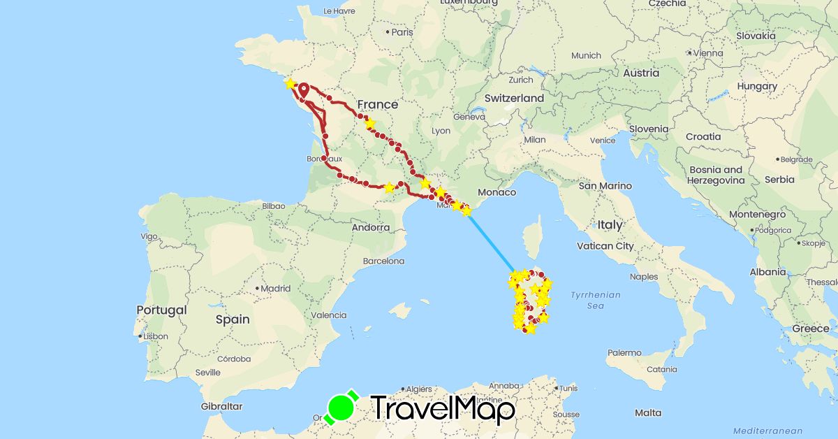TravelMap itinerary: driving, hiking, boat, baboub 09/2023 in France, Italy (Europe)