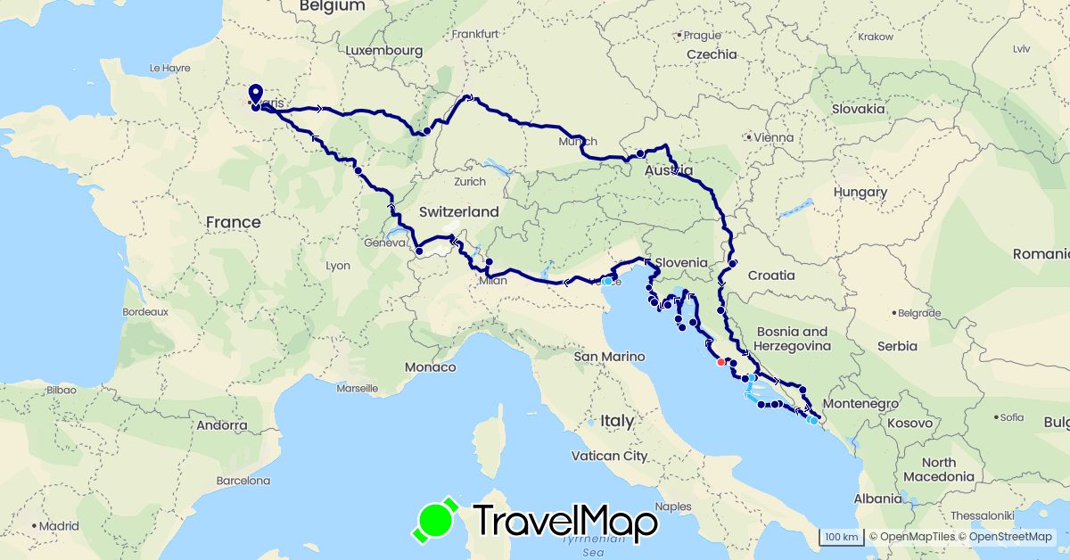 TravelMap itinerary: driving, hiking, boat in Austria, Bosnia and Herzegovina, Switzerland, France, Croatia, Italy (Europe)